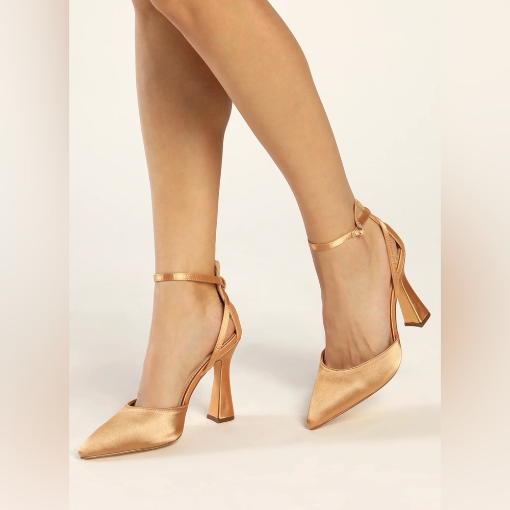 Lulus Shenay Gold Satin Pointed-Toe Ankle Strap Pumps - 8